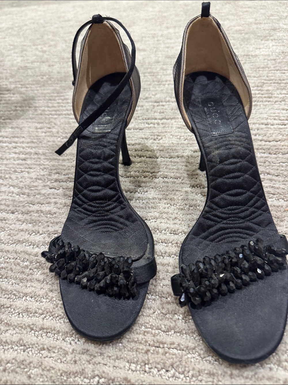 Gucci Black Satin Beaded Heels Size 9 – Missing One Ankle Strap